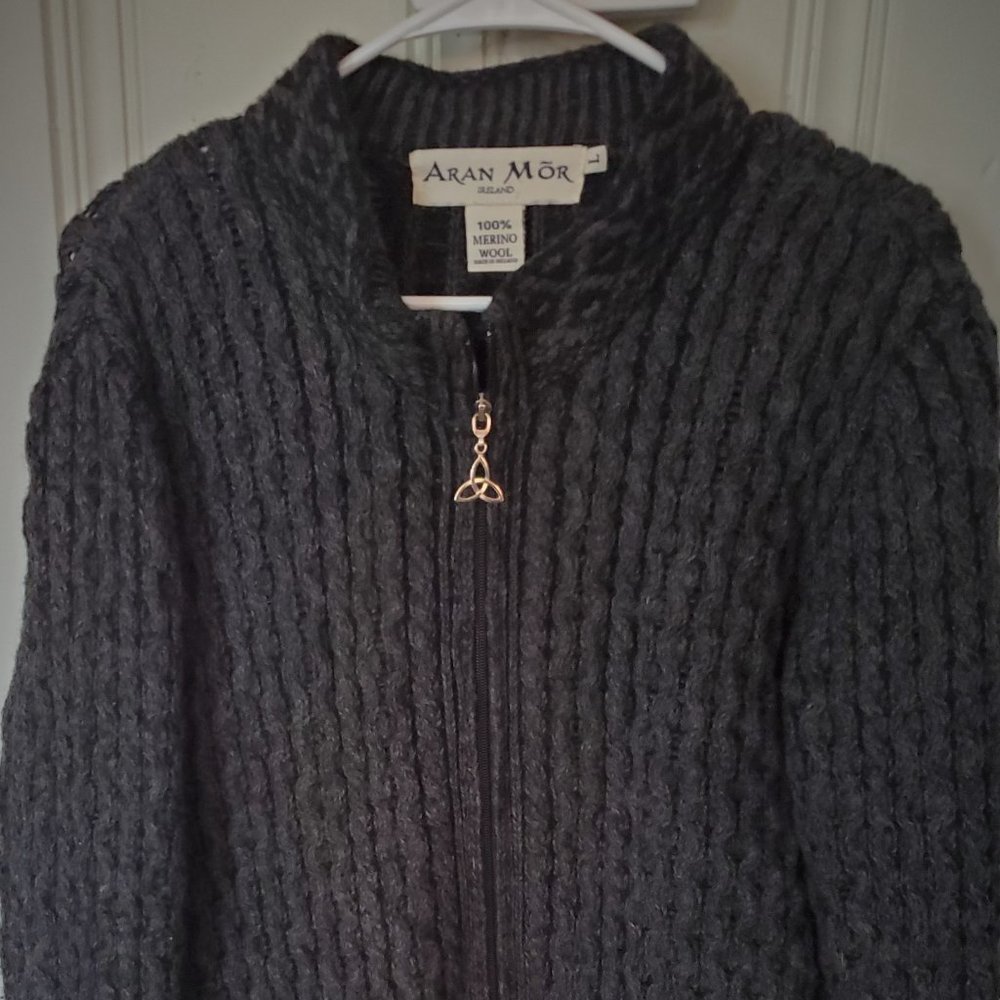 Aron Mor Ireland Merino Wool Black/Gray Cable Design Zip Coatigan, Size Large